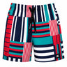 Canterbury’s Uglies Awning Shorts for men feature quick-drying fabric, an elastic waistband with a black drawstring, and a bold geometric pattern in red, teal, navy, and white stripes and blocks.