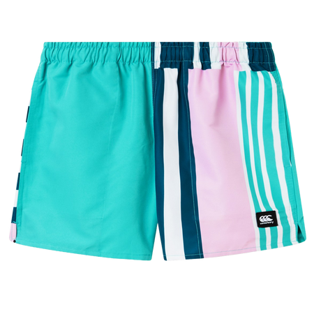 Canterbury Women's Uglies Harletic Shorts with elastic waistband, bold solid teal on one side and vibrant stripes on the other, feature a black logo patch near the hem and are inspired by classic Harletic durability.