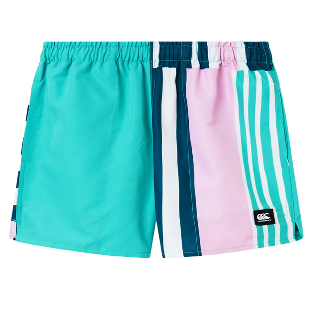 The Canterbury Uglies Harletic Short features one solid teal leg, a striped teal/navy/white/pink leg, an elastic waistband, and a small black logo patch—bringing a modern color-blocked update to classic swim shorts.