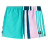 The Canterbury Uglies Harletic Short features one solid teal leg, a striped teal/navy/white/pink leg, an elastic waistband, and a small black logo patch—bringing a modern color-blocked update to classic swim shorts.
