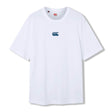 The Canterbury Tempo+ GFX Training T-Shirt is a plain white short-sleeve rugby training tee featuring a blue Canterbury logo centered on the chest, shown against a white background. This lightweight t-shirt from Canterbury’s sportswear range is designed for comfort and performance.