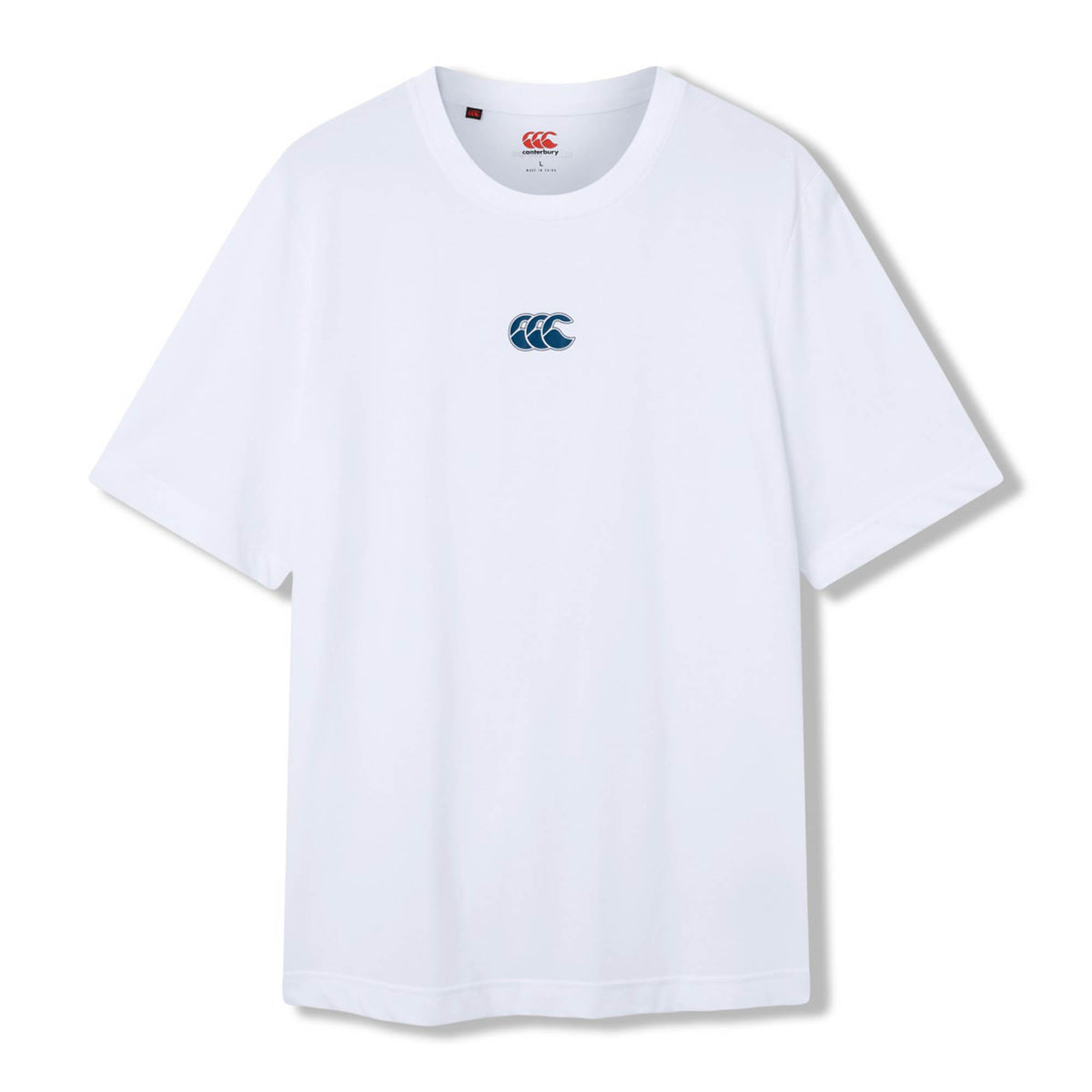 The Canterbury Tempo+ GFX Training T-Shirt is a plain white short-sleeve rugby training tee featuring a blue Canterbury logo centered on the chest, shown against a white background. This lightweight t-shirt from Canterbury’s sportswear range is designed for comfort and performance.