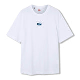 The Canterbury Tempo+ GFX Training T-Shirt is a plain white short-sleeve rugby training tee featuring a blue Canterbury logo centered on the chest, shown against a white background. This lightweight t-shirt from Canterbury’s sportswear range is designed for comfort and performance.