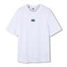 The Canterbury Tempo+ GFX Training T-Shirt is a plain white short-sleeve rugby training tee featuring a blue Canterbury logo centered on the chest, shown against a white background. This lightweight t-shirt from Canterbury’s sportswear range is designed for comfort and performance.