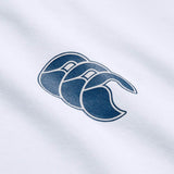 Close-up of the blue Canterbury logo, featuring three overlapping stylized C’s, printed on white fabric—typical of the lightweight Canterbury Tempo+ GFX Training T-Shirt.
