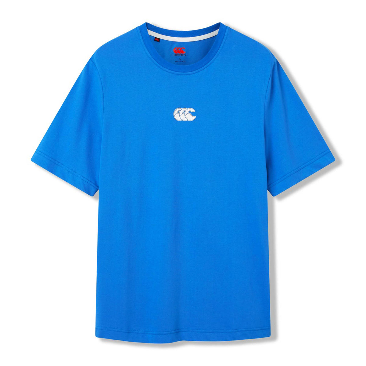 The Canterbury Tempo+ GFX Training T-Shirt is a plain blue short-sleeve sports tee featuring a small white Canterbury logo centered on the chest, shown against a white background.