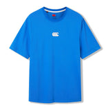 The Canterbury Tempo+ GFX Training T-Shirt is a plain blue short-sleeve sports tee featuring a small white Canterbury logo centered on the chest, shown against a white background.