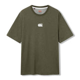 The Canterbury Tempo+ GFX Training T-Shirt in olive green features short sleeves and a small white Canterbury logo on the chest, shown against a white background. This lightweight gym shirt is ideal for everyday wear or as a dependable rugby training t-shirt.