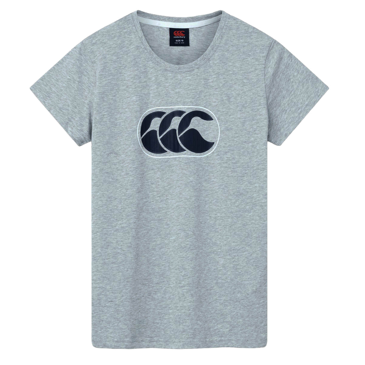 The Canterbury Women’s Rakaia 2.0 T-shirt features a light gray short-sleeve design with a navy blue “CCC” logo on the chest, drawing inspiration from Canterbury Rakaia and celebrating New Zealand rugby heritage. This women’s t-shirt from Canterbury seamlessly blends classic style with sports tradition.
