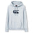 The Women Rakaia 2.0 Hoodie by Canterbury in light gray features a convenient front pocket and a dark blue Canterbury logo prominently displayed on the chest—making it the ideal women’s rugby hoodie for both comfort and style.