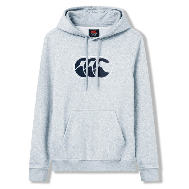 The Women Rakaia 2.0 Hoodie by Canterbury in light gray features a convenient front pocket and a dark blue Canterbury logo prominently displayed on the chest—making it the ideal women’s rugby hoodie for both comfort and style.