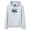 The Women Rakaia 2.0 Hoodie by Canterbury in light gray features a convenient front pocket and a dark blue Canterbury logo prominently displayed on the chest—making it the ideal women’s rugby hoodie for both comfort and style.