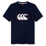 Canterbury Rakaia 2.0 T-shirt in navy blue, featuring a white and red wave-like logo centered on the chest, inspired by classic New Zealand rugby apparel.