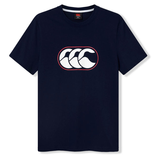 Canterbury Rakaia 2.0 T-shirt in navy blue, featuring a white and red wave-like logo centered on the chest, inspired by classic New Zealand rugby apparel.