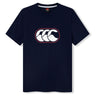 Canterbury Rakaia 2.0 T-shirt in navy blue, featuring a white and red wave-like logo centered on the chest, inspired by classic New Zealand rugby apparel.