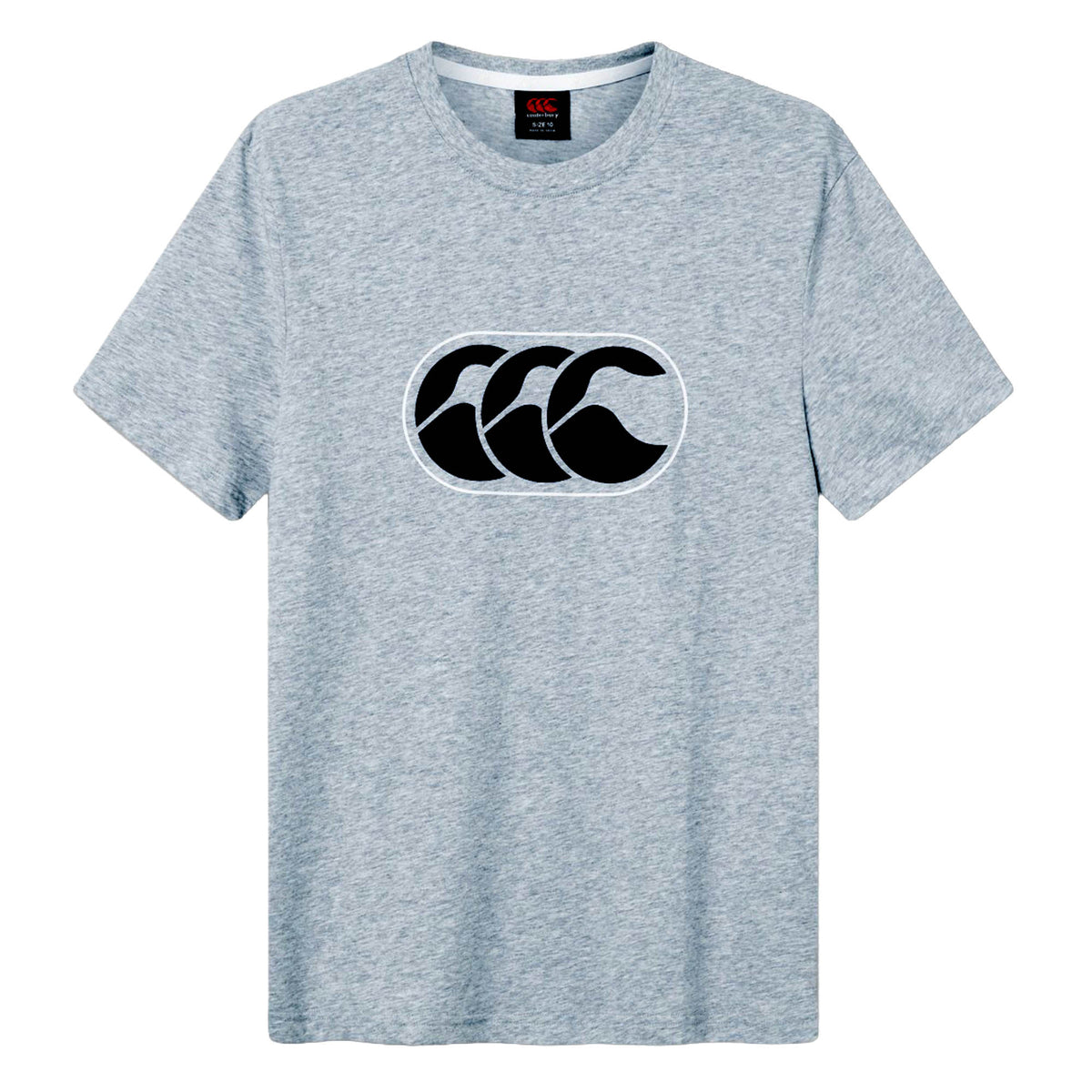 A heather gray, short-sleeved Canterbury Rakaia 2.0 T-shirt featuring a black stylized wave logo inside an oval on the chest, inspired by classic New Zealand rugby apparel.