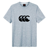 A heather gray, short-sleeved Canterbury Rakaia 2.0 T-shirt featuring a black stylized wave logo inside an oval on the chest, inspired by classic New Zealand rugby apparel.