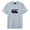 A heather gray, short-sleeved Canterbury Rakaia 2.0 T-shirt featuring a black stylized wave logo inside an oval on the chest, inspired by classic New Zealand rugby apparel.