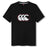 The Canterbury Rakaia 2.0 T-shirt is a classic piece of New Zealand rugby apparel, featuring a black short-sleeve design with a white stylized Canterbury (CCC) logo outlined in red, centered on the chest and inspired by the iconic Canterbury rugby shirt.