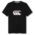 The Canterbury Rakaia 2.0 T-shirt is a classic piece of New Zealand rugby apparel, featuring a black short-sleeve design with a white stylized Canterbury (CCC) logo outlined in red, centered on the chest and inspired by the iconic Canterbury rugby shirt.