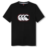 The Canterbury Rakaia 2.0 T-shirt is a classic piece of New Zealand rugby apparel, featuring a black short-sleeve design with a white stylized Canterbury (CCC) logo outlined in red, centered on the chest and inspired by the iconic Canterbury rugby shirt.