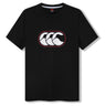 The Canterbury Rakaia 2.0 T-shirt is a classic piece of New Zealand rugby apparel, featuring a black short-sleeve design with a white stylized Canterbury (CCC) logo outlined in red, centered on the chest and inspired by the iconic Canterbury rugby shirt.