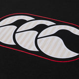 White stylized overlapping shapes outlined in red on a black background, reminiscent of the iconic Canterbury logo, capture the timeless style of classic New Zealand rugby apparel—making them perfect inspiration for the Canterbury Rakaia 2.0 T-shirt from Canterbury.