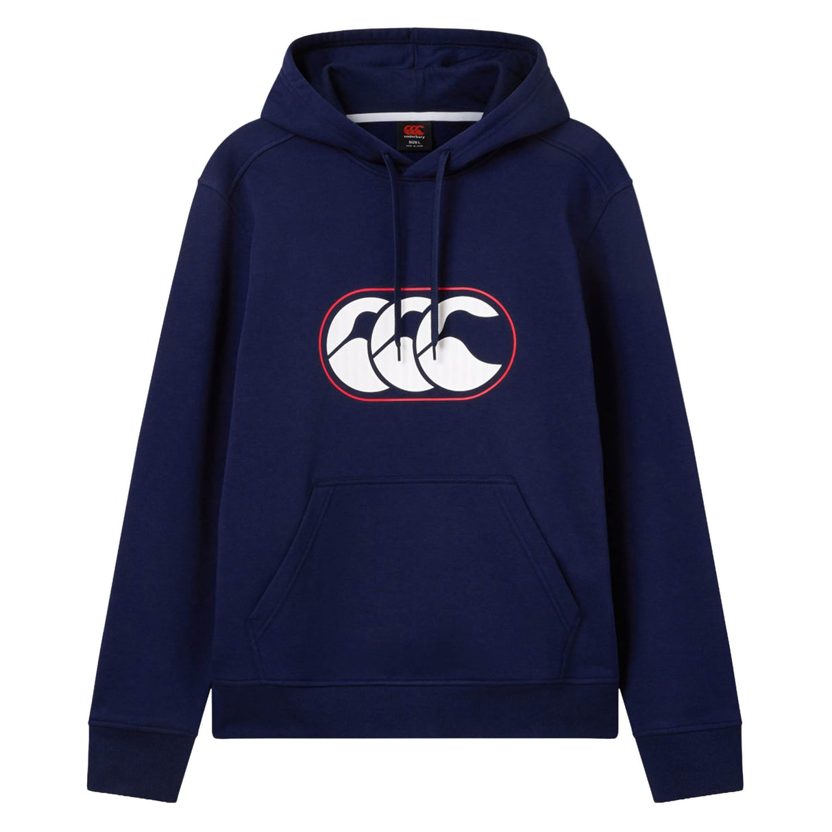 Canterbury Rakaia 2.0 Hoodie by Canterbury in navy blue, featuring a front pocket and the classic white and red Canterbury logo on the chest.