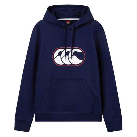 Canterbury Rakaia 2.0 Hoodie by Canterbury in navy blue, featuring a front pocket and the classic white and red Canterbury logo on the chest.