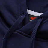 Close-up of a navy blue Canterbury Rakaia 2.0 Hoodie featuring drawstrings and a visible black Canterbury tag with a red logo and partially visible white text.