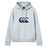 The Canterbury Rakaia 2.0 Hoodie by Canterbury is a light grey hooded sweatshirt featuring a front kangaroo pocket and a dark blue graphic of three stylized waves or C-shaped curves on the chest, inspired by the classic Canterbury rugby hoodie style.