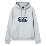 The Canterbury Rakaia 2.0 Hoodie by Canterbury is a light grey hooded sweatshirt featuring a front kangaroo pocket and a dark blue graphic of three stylized waves or C-shaped curves on the chest, inspired by the classic Canterbury rugby hoodie style.