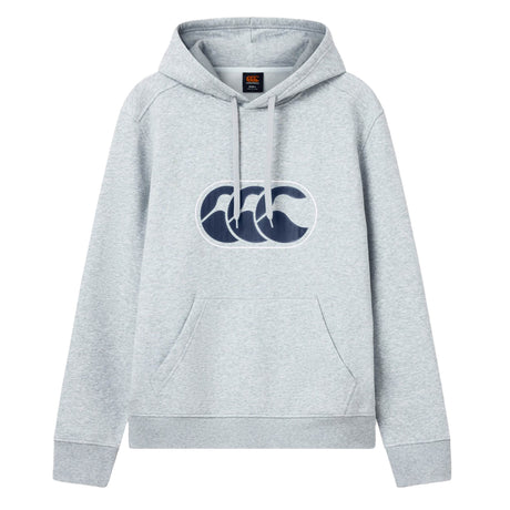The Canterbury Rakaia 2.0 Hoodie by Canterbury is a light grey hooded sweatshirt featuring a front kangaroo pocket and a dark blue graphic of three stylized waves or C-shaped curves on the chest, inspired by the classic Canterbury rugby hoodie style.
