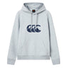 The Canterbury Rakaia 2.0 Hoodie by Canterbury is a light grey hooded sweatshirt featuring a front kangaroo pocket and a dark blue graphic of three stylized waves or C-shaped curves on the chest, inspired by the classic Canterbury rugby hoodie style.