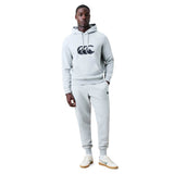 A man stands wearing a light gray Canterbury Rakaia 2.0 Hoodie and matching sweatpants featuring the Canterbury logo on the chest, paired with white sneakers, against a plain white background.