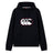 The Canterbury Rakaia 2.0 Hoodie is a black hooded sweatshirt featuring a front pocket and a white logo of three overlapping curved shapes outlined in red on the chest. This classic Canterbury hoodie seamlessly blends sporty style and everyday comfort, making it an essential piece for any fan.
