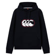 The Canterbury Rakaia 2.0 Hoodie is a black hooded sweatshirt featuring a front pocket and a white logo of three overlapping curved shapes outlined in red on the chest. This classic Canterbury hoodie seamlessly blends sporty style and everyday comfort, making it an essential piece for any fan.