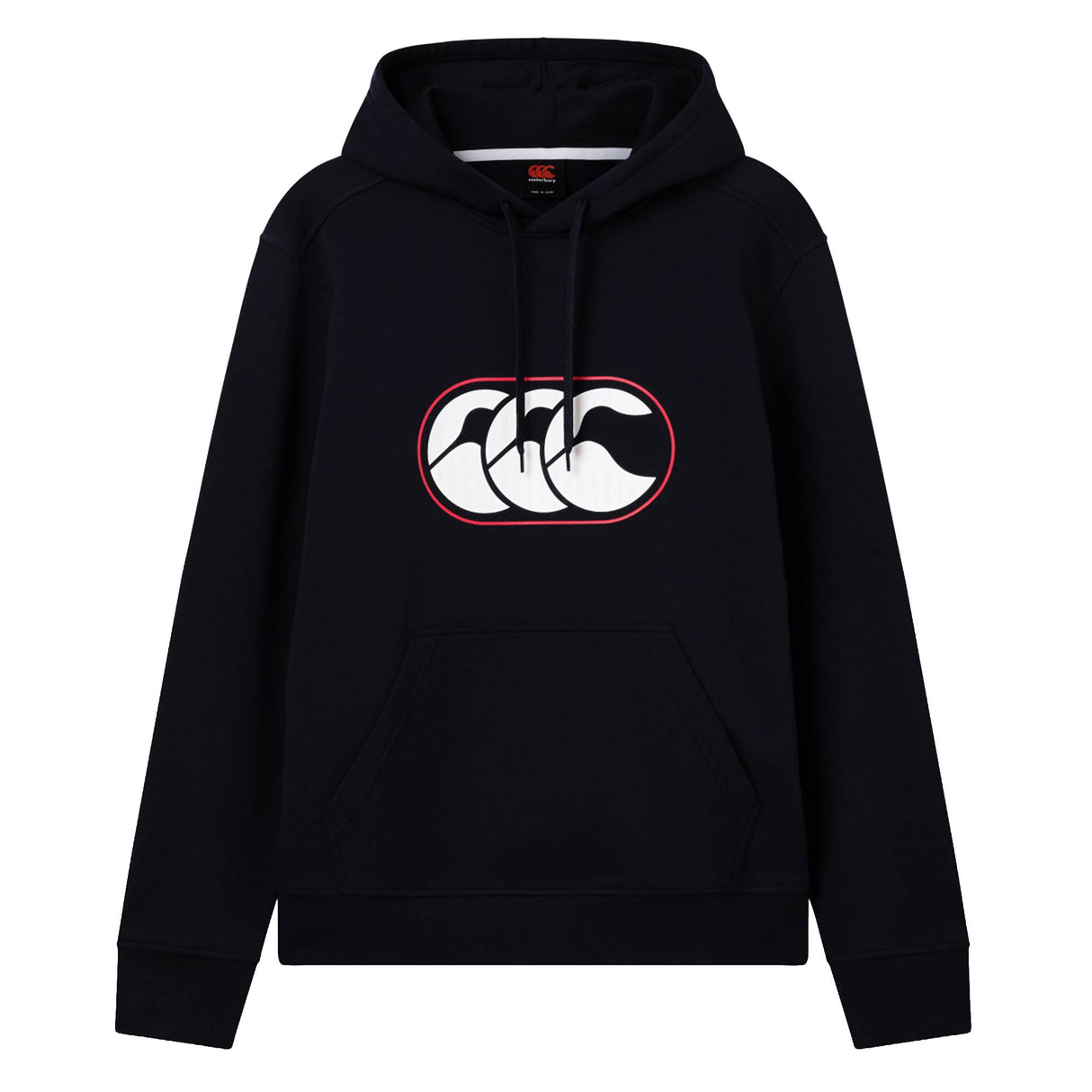 The Canterbury Rakaia 2.0 Hoodie is a black hooded sweatshirt featuring a front pocket and a white logo of three overlapping curved shapes outlined in red on the chest. This classic Canterbury hoodie seamlessly blends sporty style and everyday comfort, making it an essential piece for any fan.