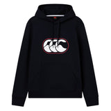 The Canterbury Rakaia 2.0 Hoodie is a black hooded sweatshirt featuring a front pocket and a white logo of three overlapping curved shapes outlined in red on the chest. This classic Canterbury hoodie seamlessly blends sporty style and everyday comfort, making it an essential piece for any fan.