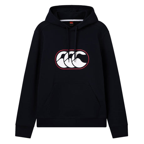 The Canterbury Rakaia 2.0 Hoodie is a black hooded sweatshirt featuring a front pocket and a white logo of three overlapping curved shapes outlined in red on the chest. This classic Canterbury hoodie seamlessly blends sporty style and everyday comfort, making it an essential piece for any fan.
