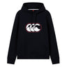 The Canterbury Rakaia 2.0 Hoodie is a black hooded sweatshirt featuring a front pocket and a white logo of three overlapping curved shapes outlined in red on the chest. This classic Canterbury hoodie seamlessly blends sporty style and everyday comfort, making it an essential piece for any fan.