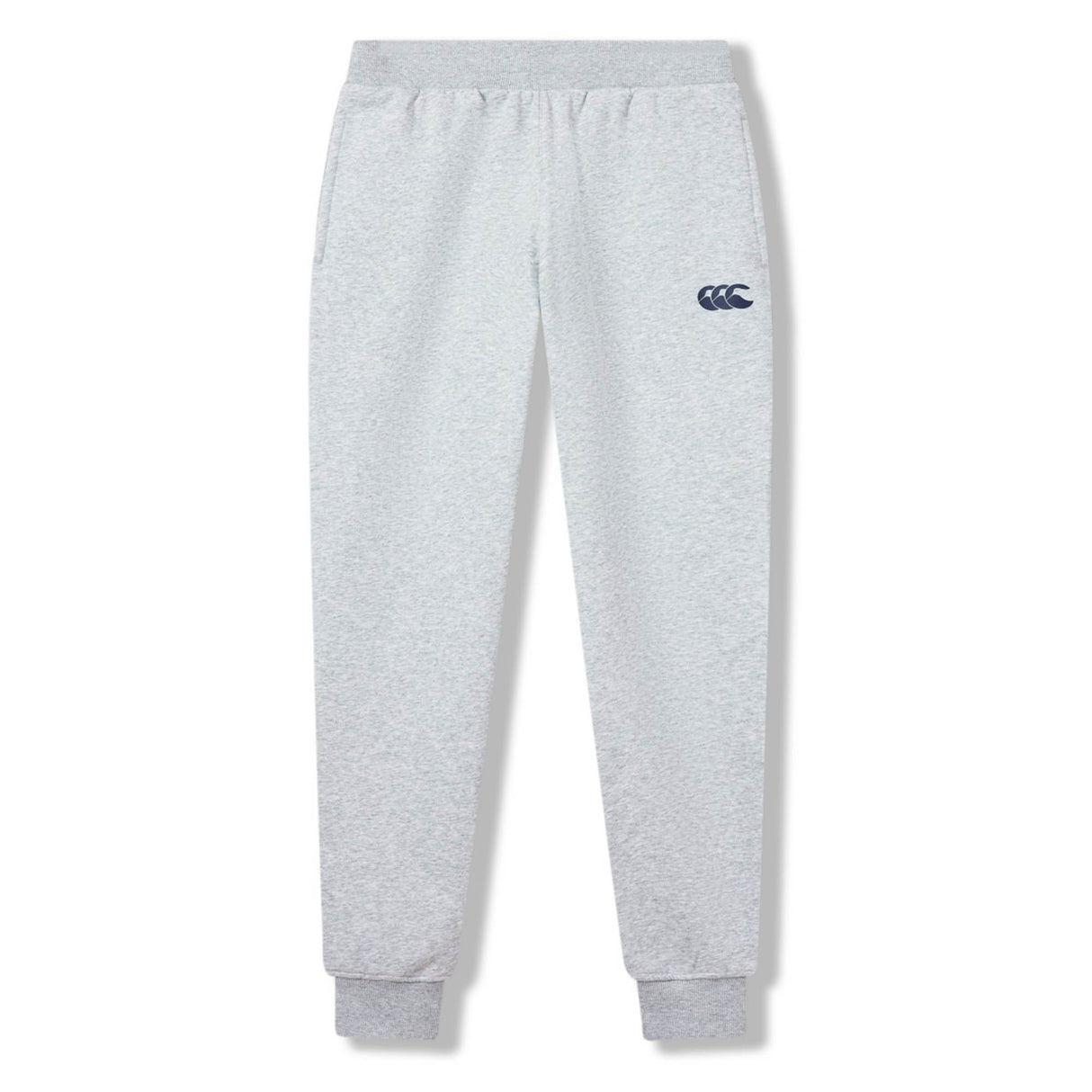 Light grey Rakaia 2.0 Fleece Pant by Canterbury for men, featuring an elastic waistband, side pockets, and a navy blue Canterbury logo on the left thigh.