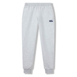 Light grey Rakaia 2.0 Fleece Pant by Canterbury for men, featuring an elastic waistband, side pockets, and a navy blue Canterbury logo on the left thigh.