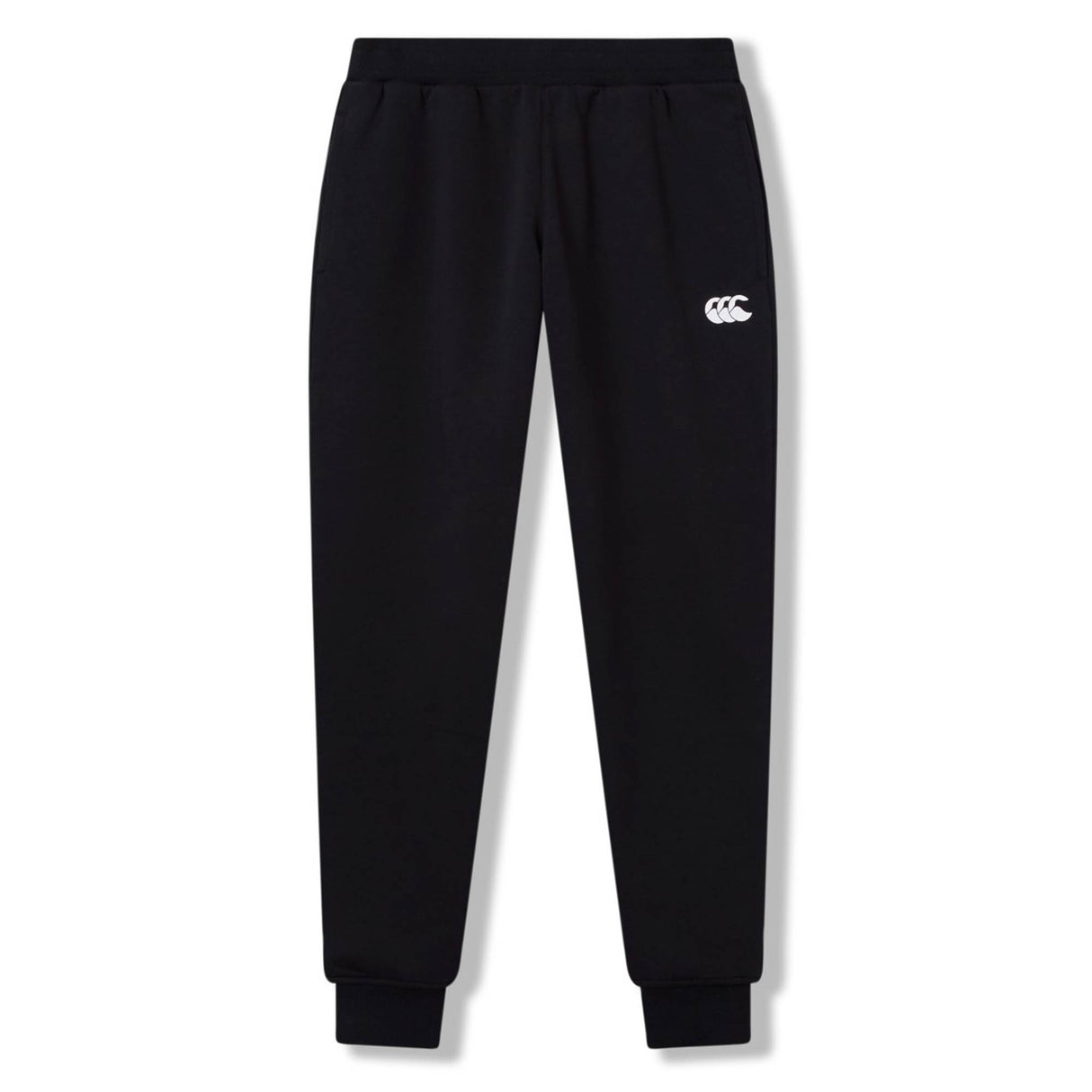 The Rakaia 2.0 Fleece Pant by Canterbury is a black athletic jogger with an elastic waistband, ribbed cuffs, and a white embroidered Canterbury logo on the left thigh, shown against a plain white background.