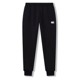 The Rakaia 2.0 Fleece Pant by Canterbury is a black athletic jogger with an elastic waistband, ribbed cuffs, and a white embroidered Canterbury logo on the left thigh, shown against a plain white background.