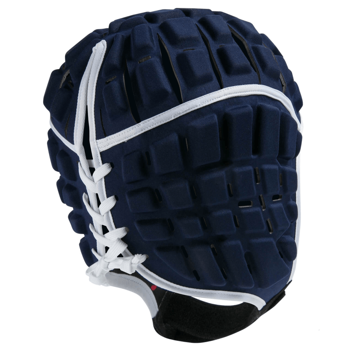 A Canterbury Reinforcer Rugby Headgear Scrum Cap in navy blue with white laces, designed for sports, featuring padded sections for impact absorption and meeting World Rugby Specification standards.