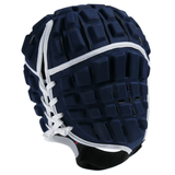 A Canterbury Reinforcer Rugby Headgear Scrum Cap in navy blue with white laces, designed for sports, featuring padded sections for impact absorption and meeting World Rugby Specification standards.