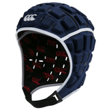 A navy blue padded sports helmet with a white trim and a black chin strap, designed as the Canterbury Reinforcer Rugby Headgear Scrum Cap by Canterbury. The interior lining features a red and white pattern, ensuring it meets World Rugby Specification standards for optimal rugby headgear.