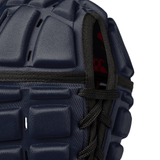Close-up of a blue Canterbury Raze rugby headguard with black fastening straps.