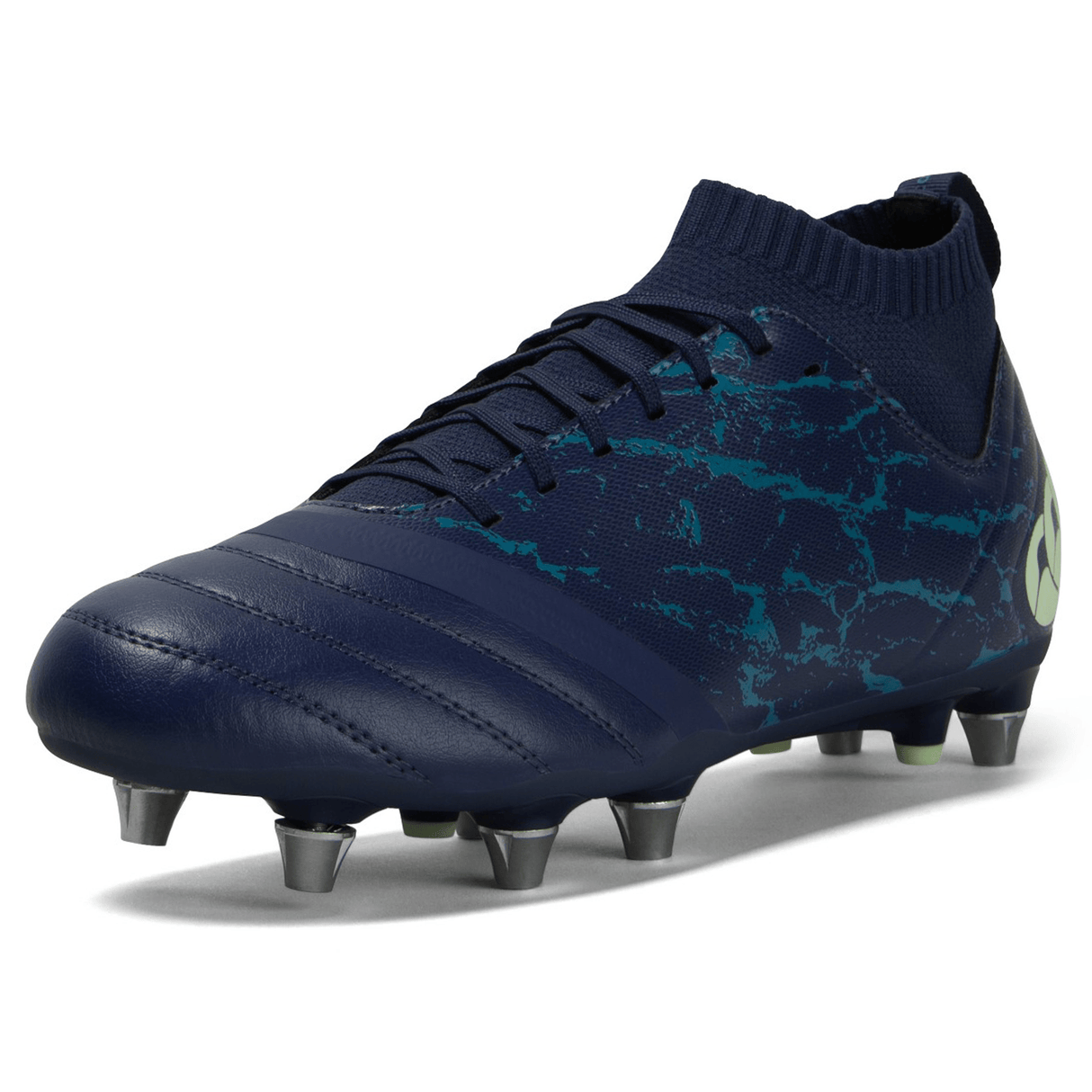 A Canterbury Stampede Pro SG - Medieval Blue/Blue Sapphire rugby boot with a blue and green design and exceptional traction.